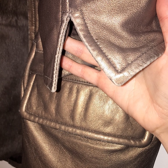 NINA RICCI leather coat with rabbit fur lining bronze metallic vintage RARE L/XL - Picture 12 of 17